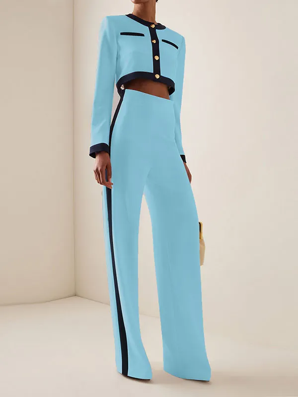 Long Sleeves Buttoned Split-Joint Round-Neck Blouses&Shirts Tops + High Waisted Pants Bottom Two Pieces Set