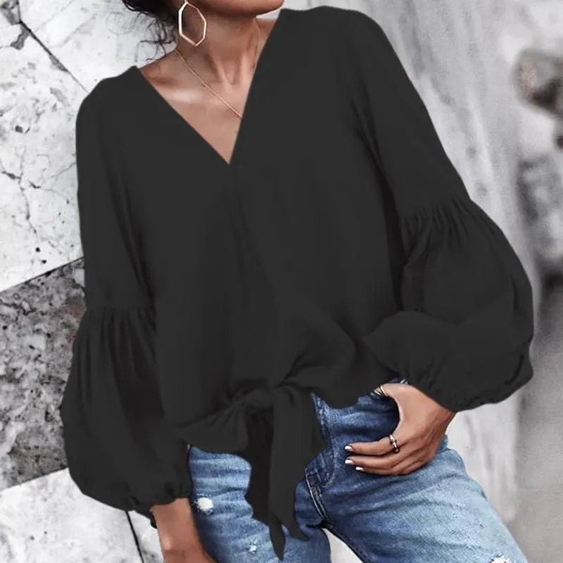 Women Stylish Tops Elegant Office Work Shirts Long Lantern Sleeve Sexy V-Neck Casual Bow
