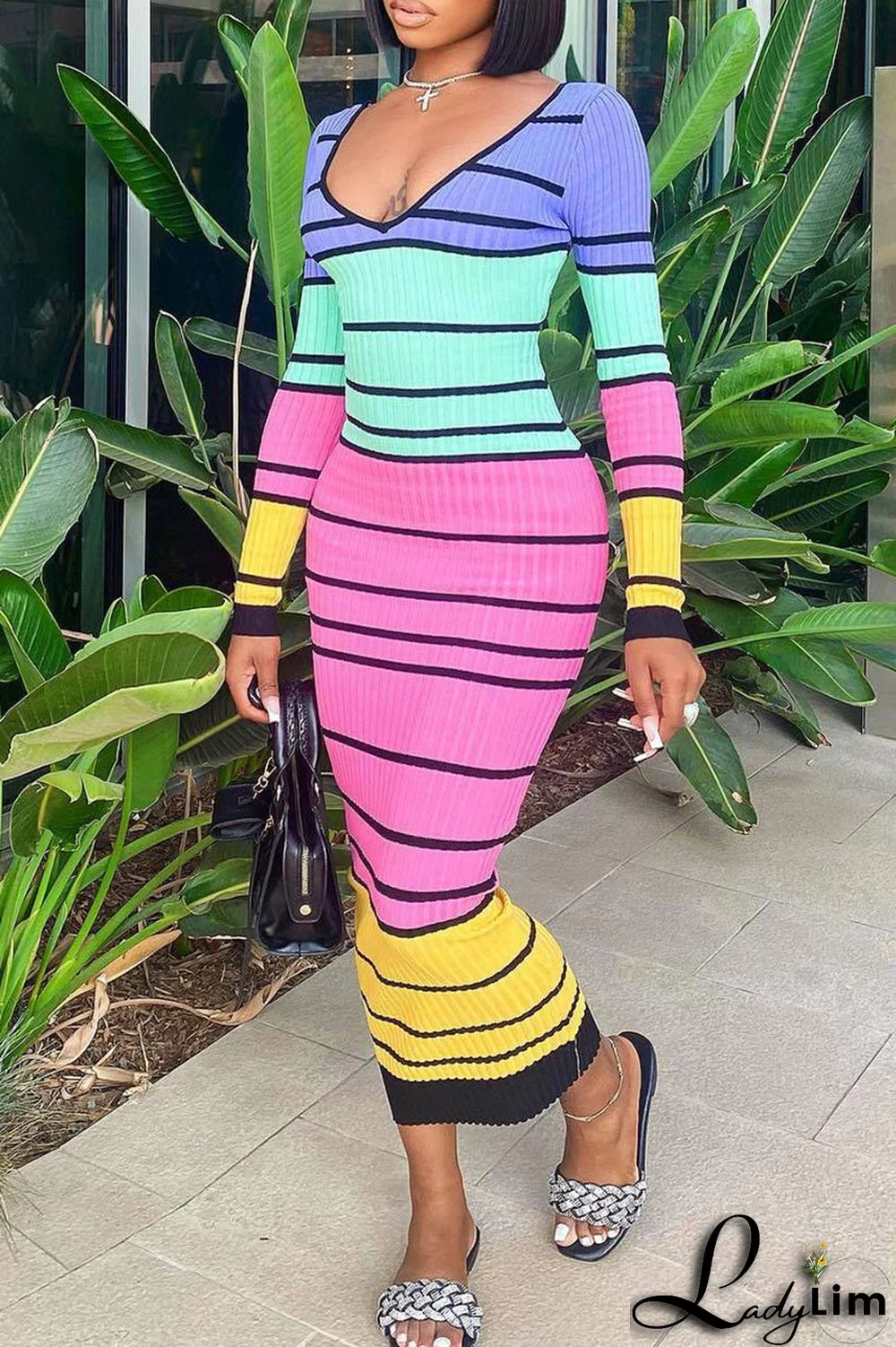 Pink Sexy Striped Print Patchwork V Neck Pencil Skirt Dresses