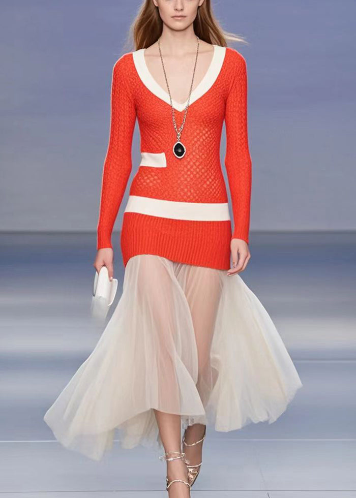 VCSHOES Red V Neck Patchwork Tulle Knitted Dress Fall