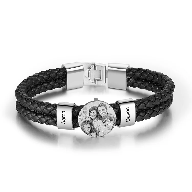 Personalized Photo Bracelet with 2 Names Leather Bracelet Beaded Wrap Bracelet