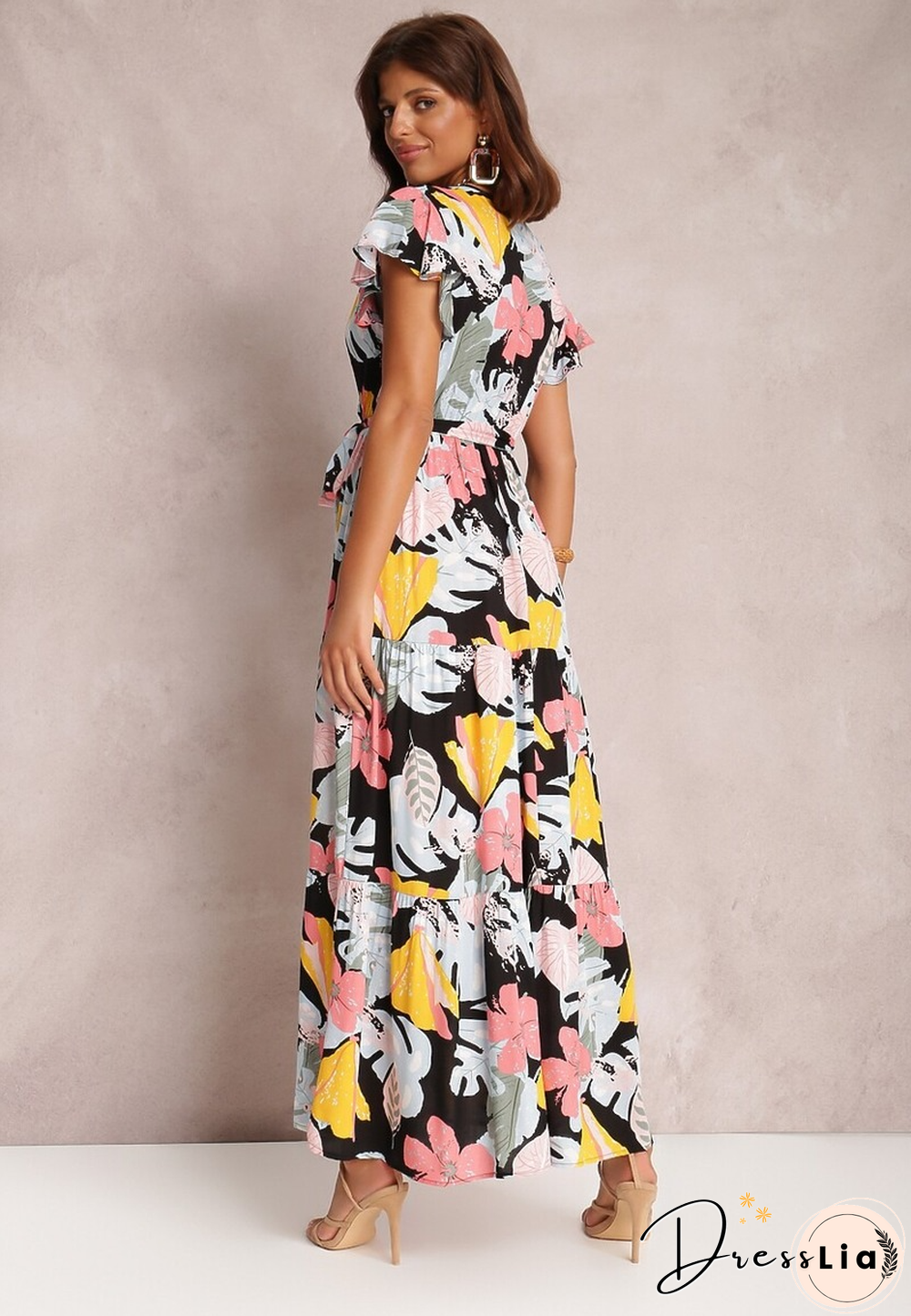 Elegant Floral Print Dress For Women Summer Dresses New Cotton V-Neck Lace-up Ruffle Short Flying Sleeve Maxi Dress