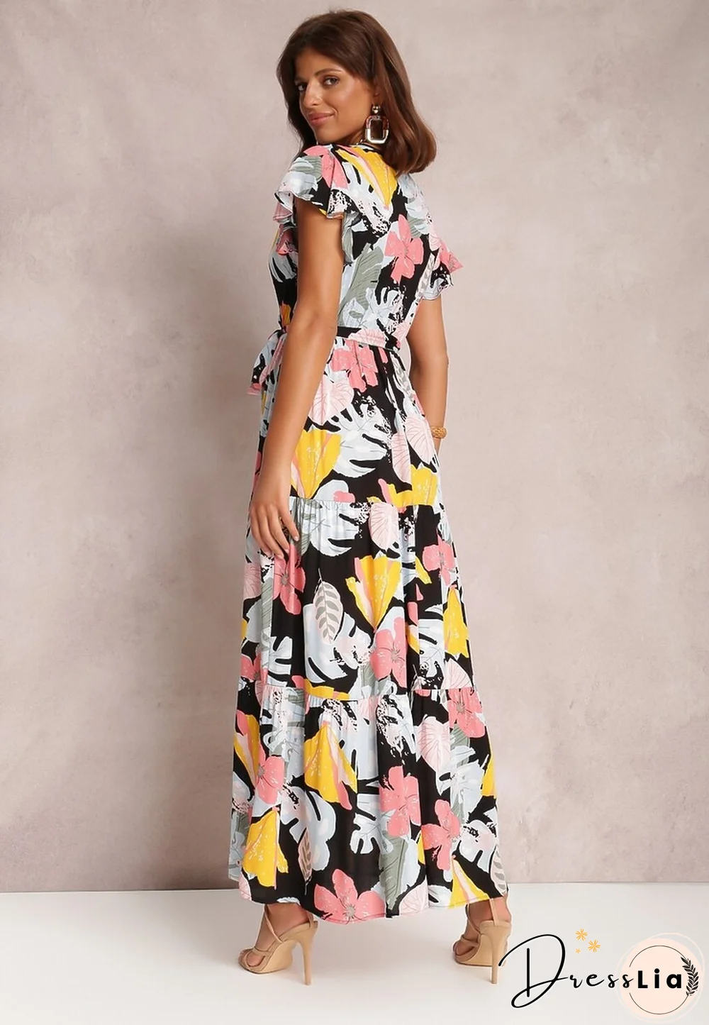 Elegant Floral Print Dress For Women Summer Dresses New Cotton V-Neck Lace-up Ruffle Short Flying Sleeve Maxi Dress