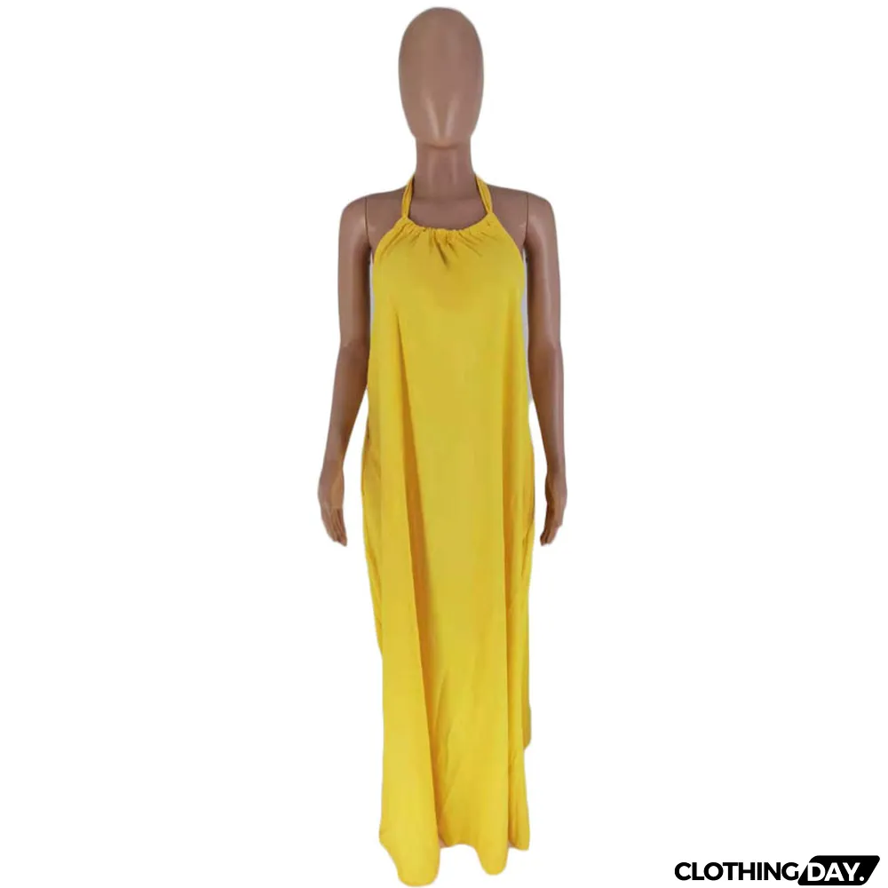 Summer Women's Sleeveless Halter Neck Sexy Low Back Solid Color Maxi Dress