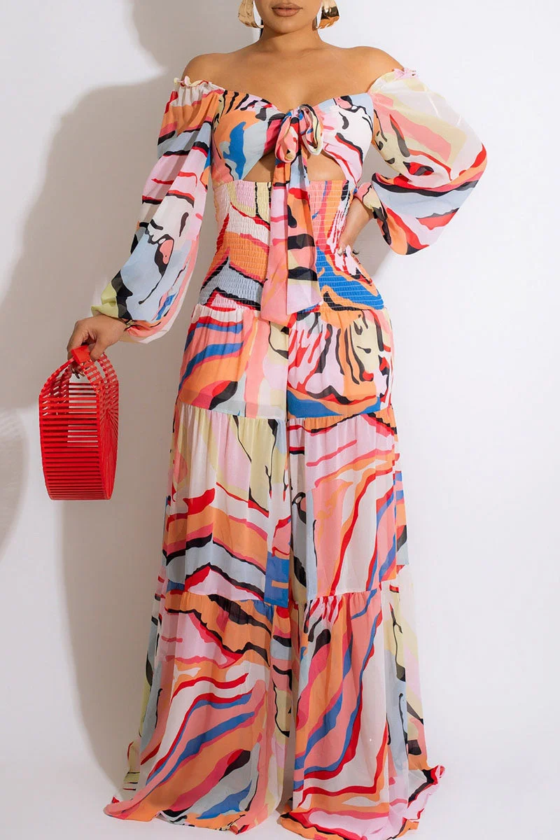 Sweet Elegant Print Bandage Split Joint V Neck Straight Jumpsuits