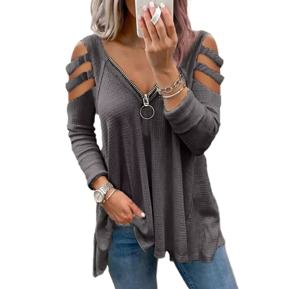 Gray Zipper Neck Cold Shoulder Long Sleeve Tops