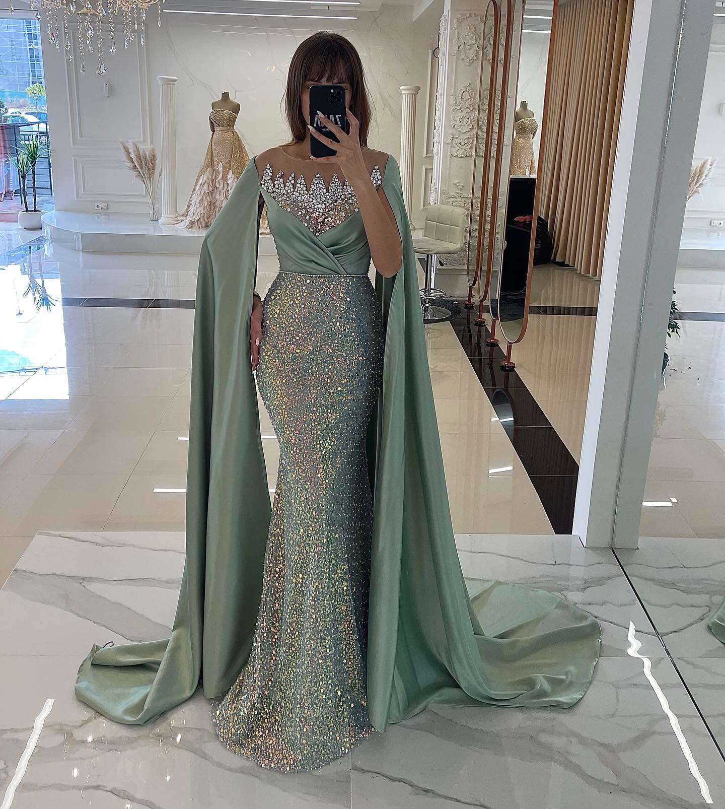 Sleeveless Jewel Beads Sequins Mermaid Watteau Prom Dress YB004