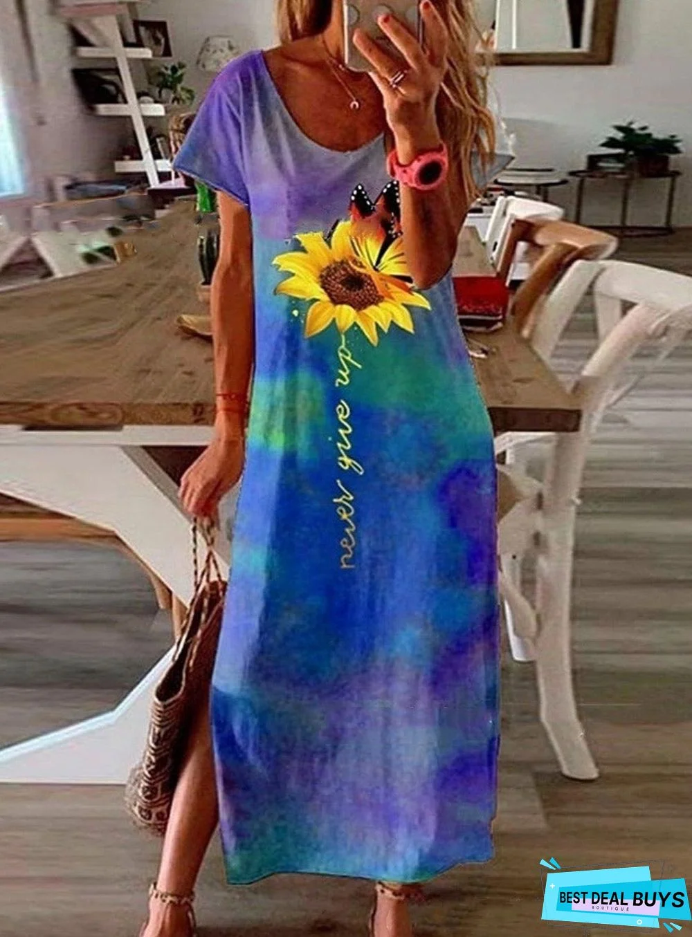 Casual Tie-Dye Sunflower Print Side Slit Long Dress