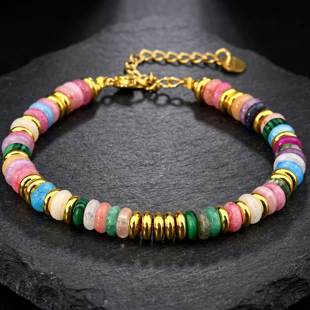 JiStones Vivid Aura Natural Stone Disc Bracelet with Gold Accents Vibrant Palette Mix