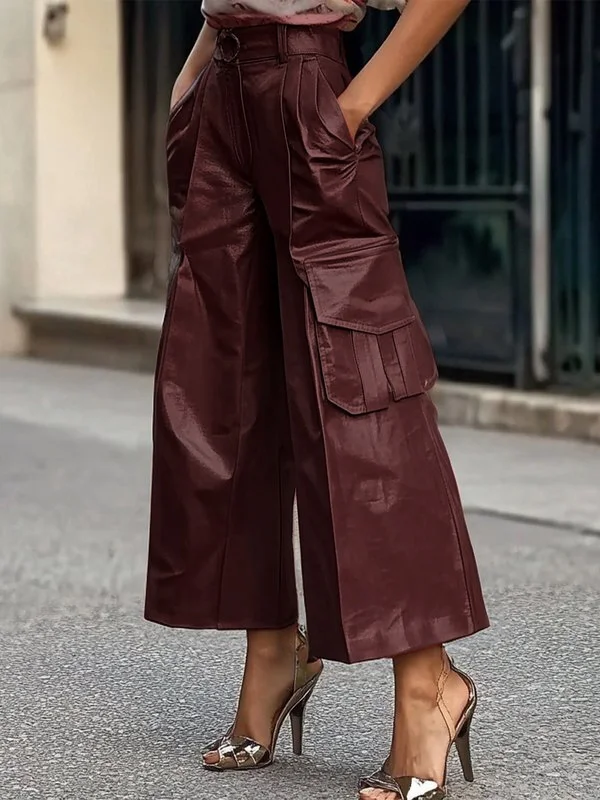Split-Joint Solid Color Pockets Pleated Wide Leg Loose Trousers Pants