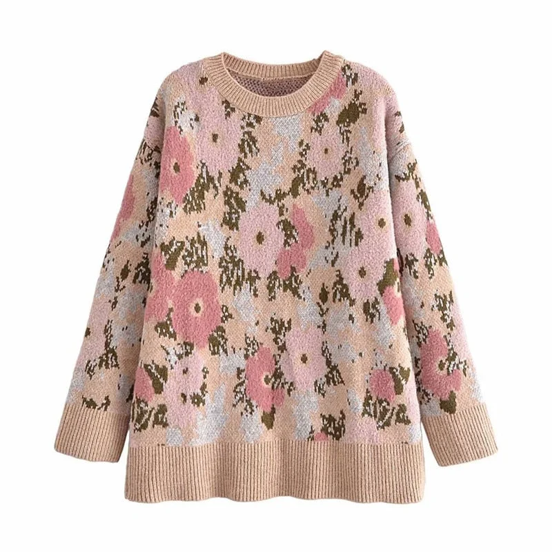 Za 2021 Floral Jacquard Oversize Knit Sweater Women Long Sleeve O Neck Loose Knitted Top Femal Vintage Plus Size Winter Pullover