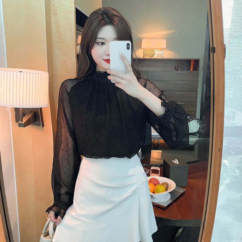 Toloer Toloer Chiffon Shirt Women's Design Sense Niche Standing Collar Mesh Shirt 2023 Spring And Fall Vintage Hong Style Top-Outfit Ideas