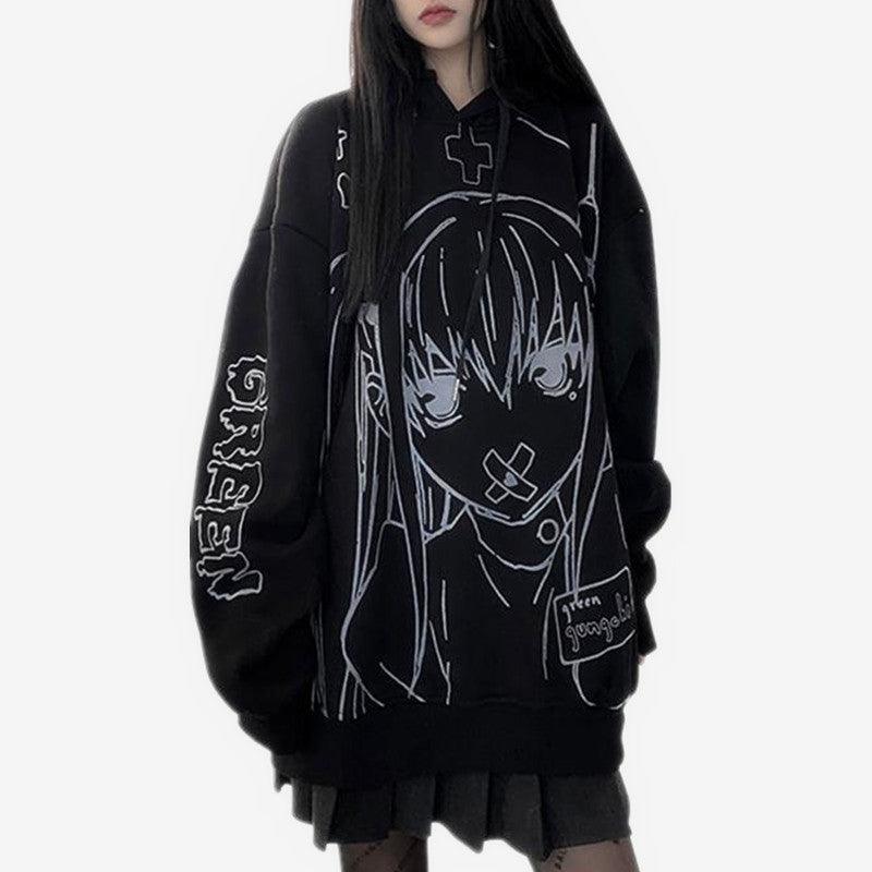 Cartoon Girl Print Oversize Hoodie - GothBB 2022 free shipping available