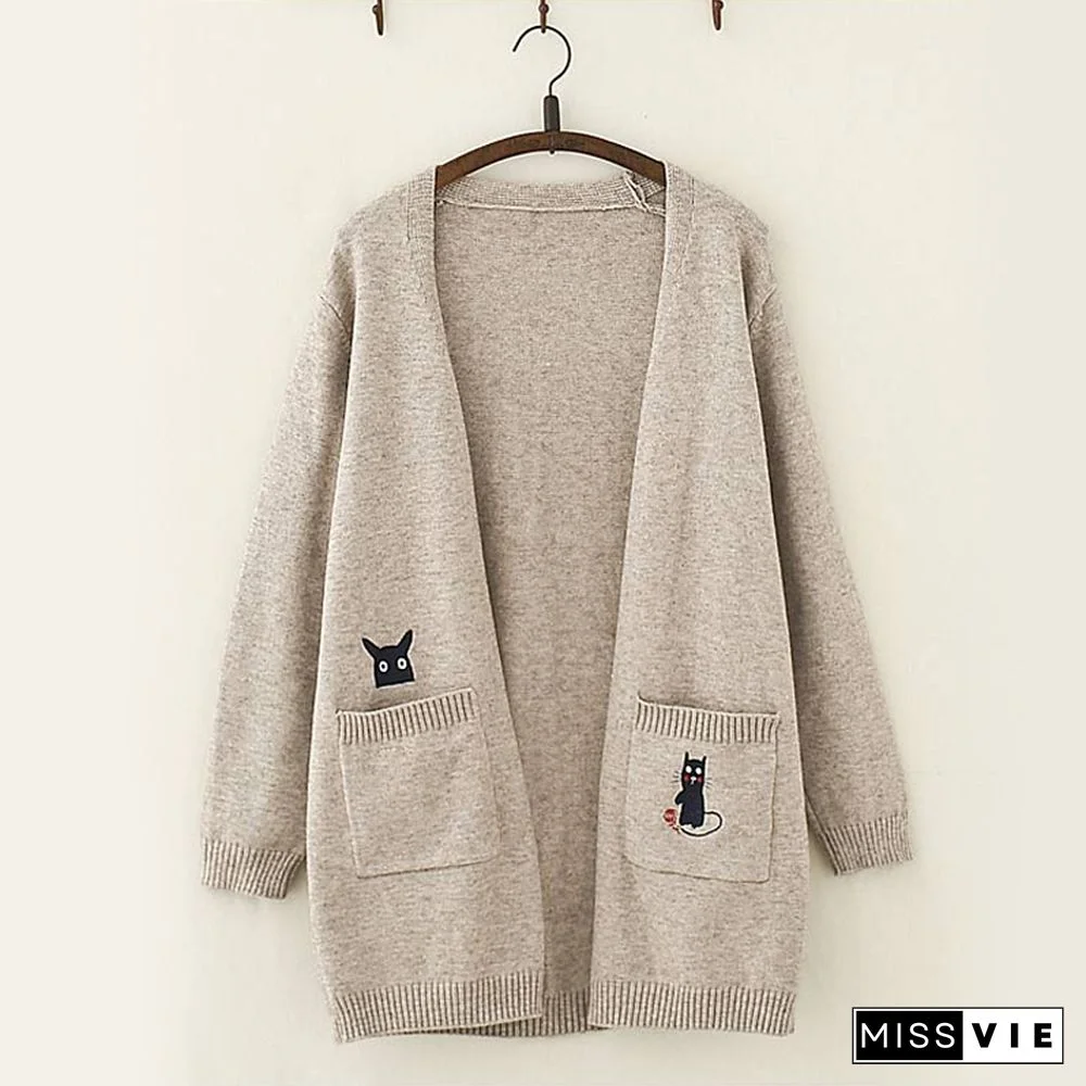 Cat And Mouse Embroidery Cardigan Sweater