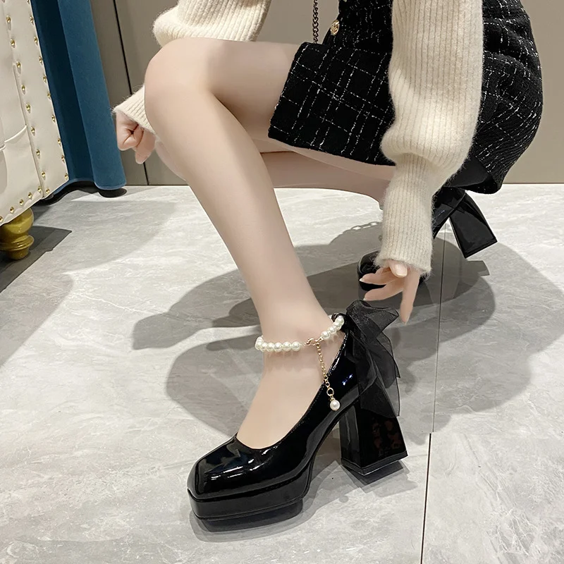 Yyvonne Yyvonne Size High Heels Female 2023 Spring And Autumn String Beads Chain Fairy Wind Thick With Simple Square Head Mary Jane Single Shoes Female