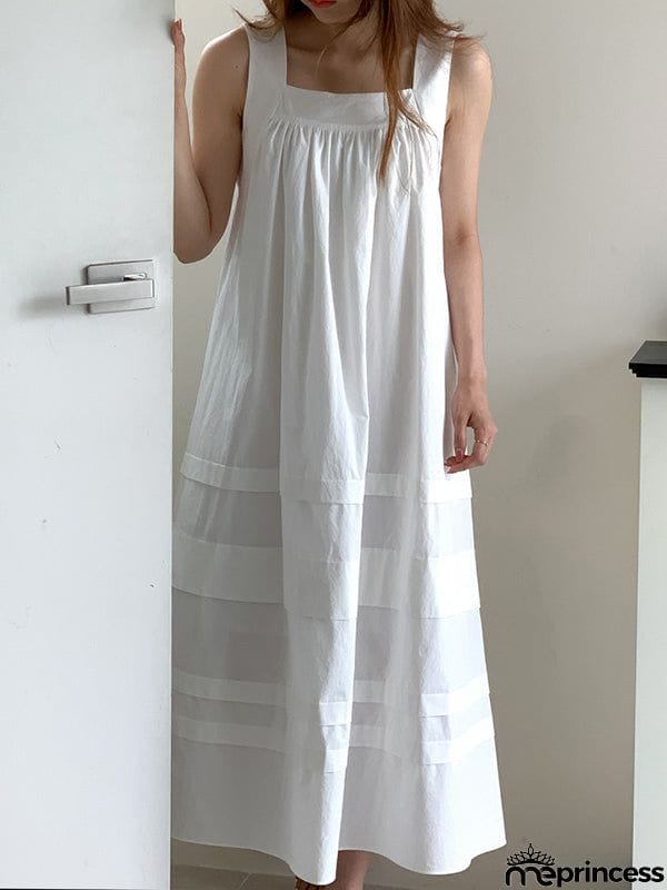 Loose Sleeveless Solid Color Square-Neck Midi Dresses