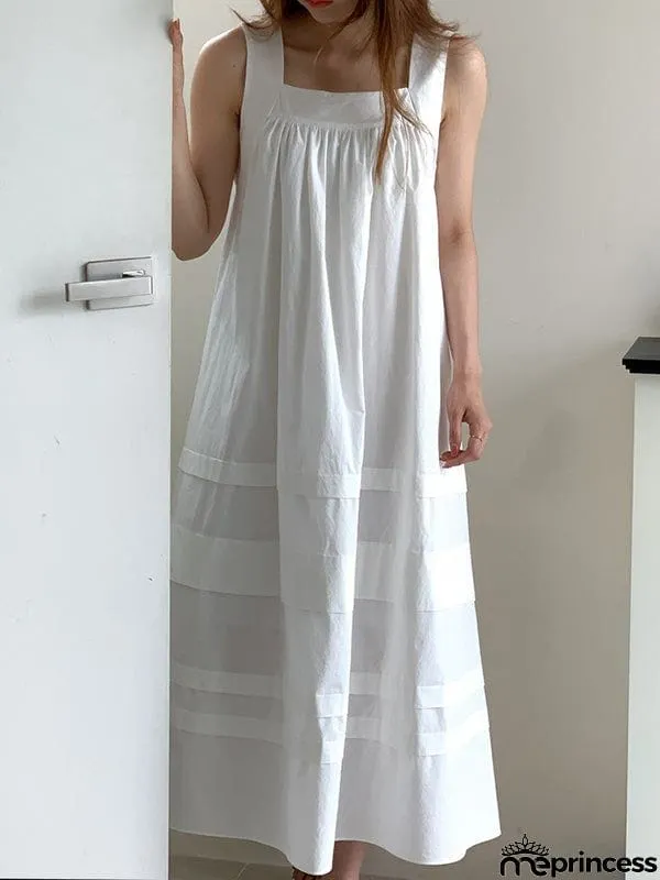 Loose Sleeveless Solid Color Square-Neck Midi Dresses