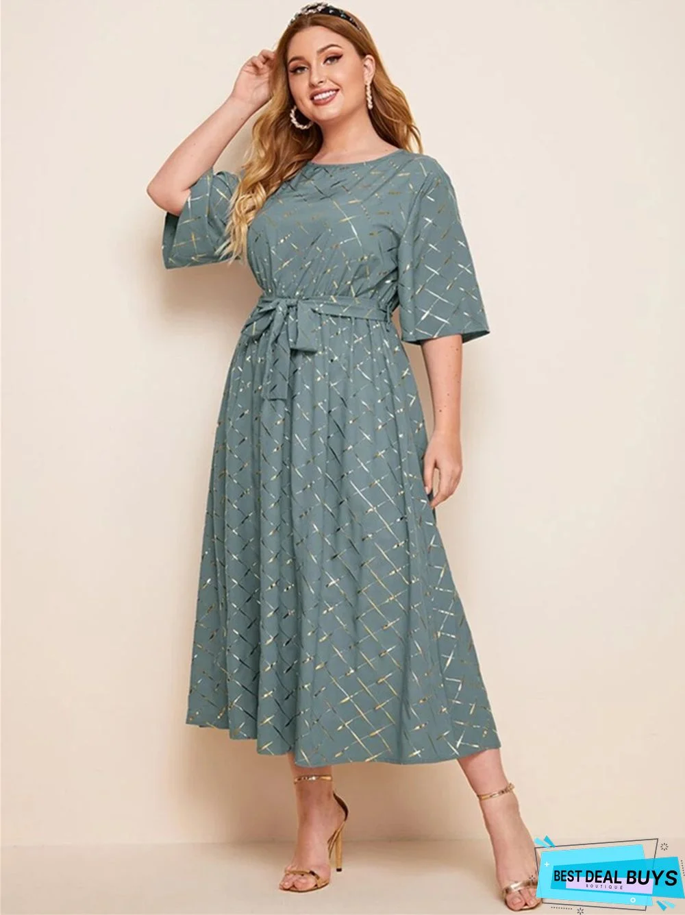 Large Women's Round Neck Robe Fashion Temperament Bronzing Print Dress