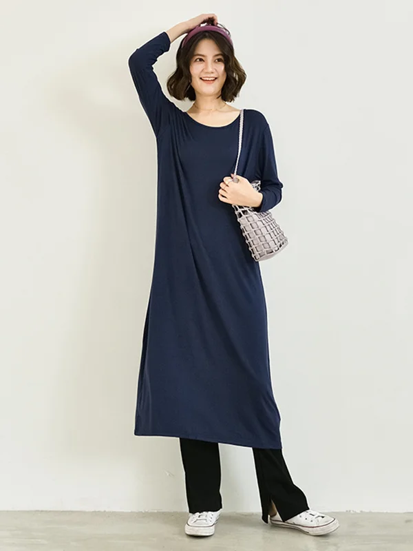 Simple Long Sleeves Loose Solid Color Round-Neck Midi Dresses