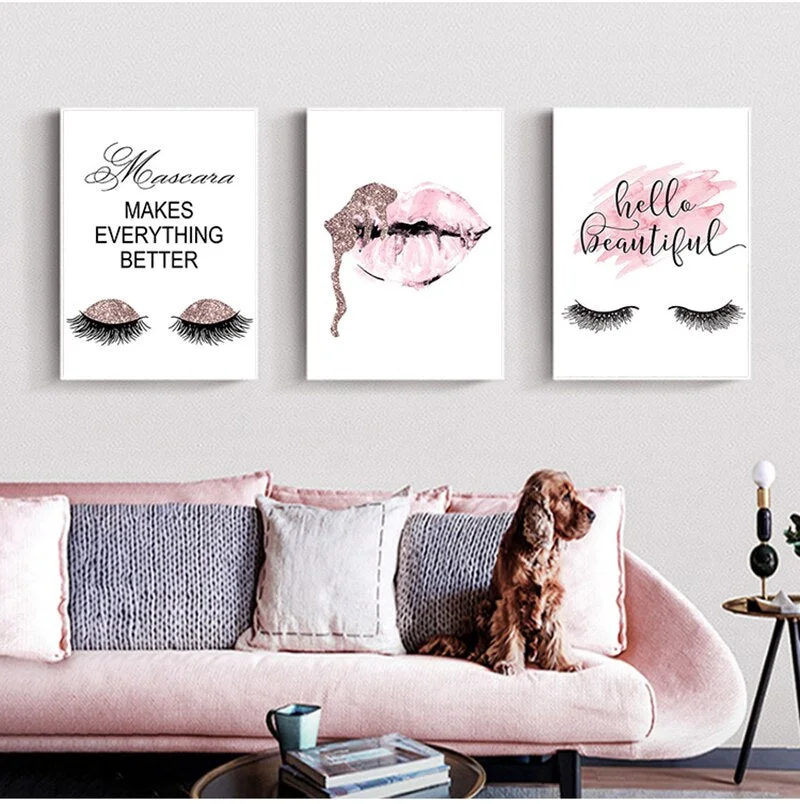 Pink Flower Perfume Fashion Poster Eyelash Lips Makeup Print Canvas Art Painting Wall Picture Modern Girl Room Home Decoration