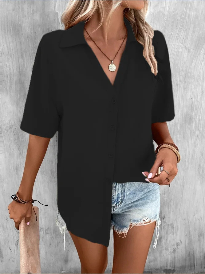 Mature Women Temperament Pure Color V-neck Shirt Women's Top Short Sleeve Top