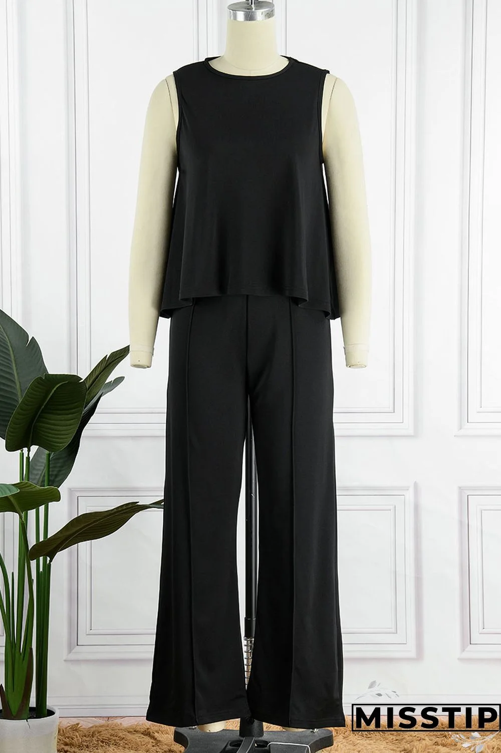 Black Casual Solid Patchwork O Neck Sleeveless Two Pieces