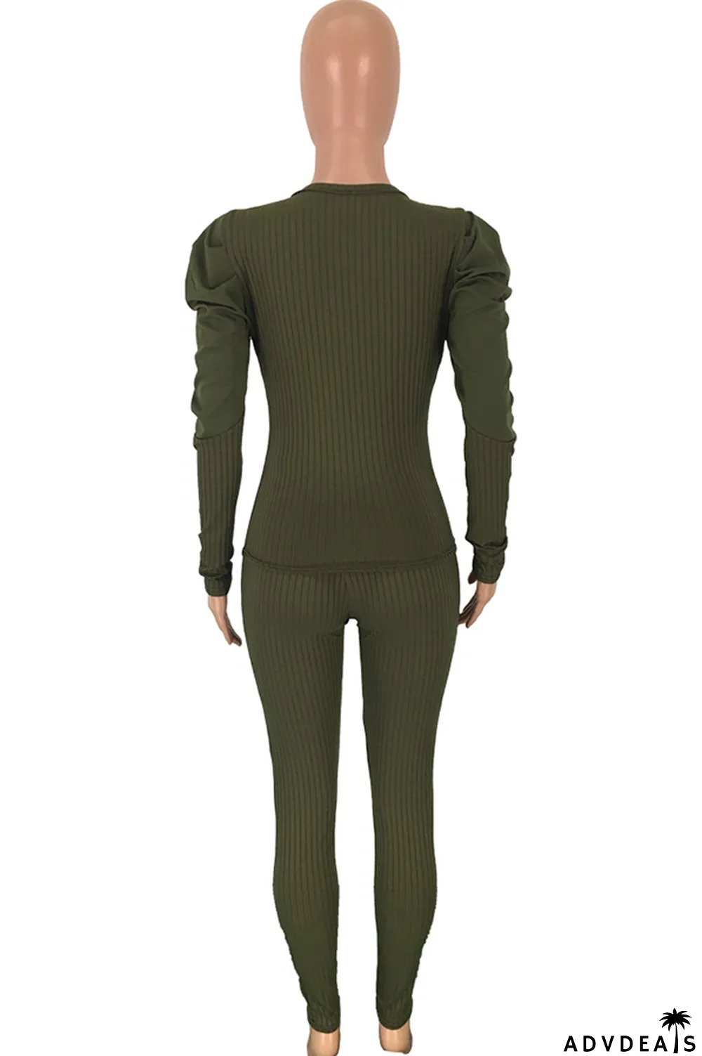 Army Green Polyester Casual Solid Patchwork Two Piece Suits pencil Long Sleeve Two-piece Pants Set