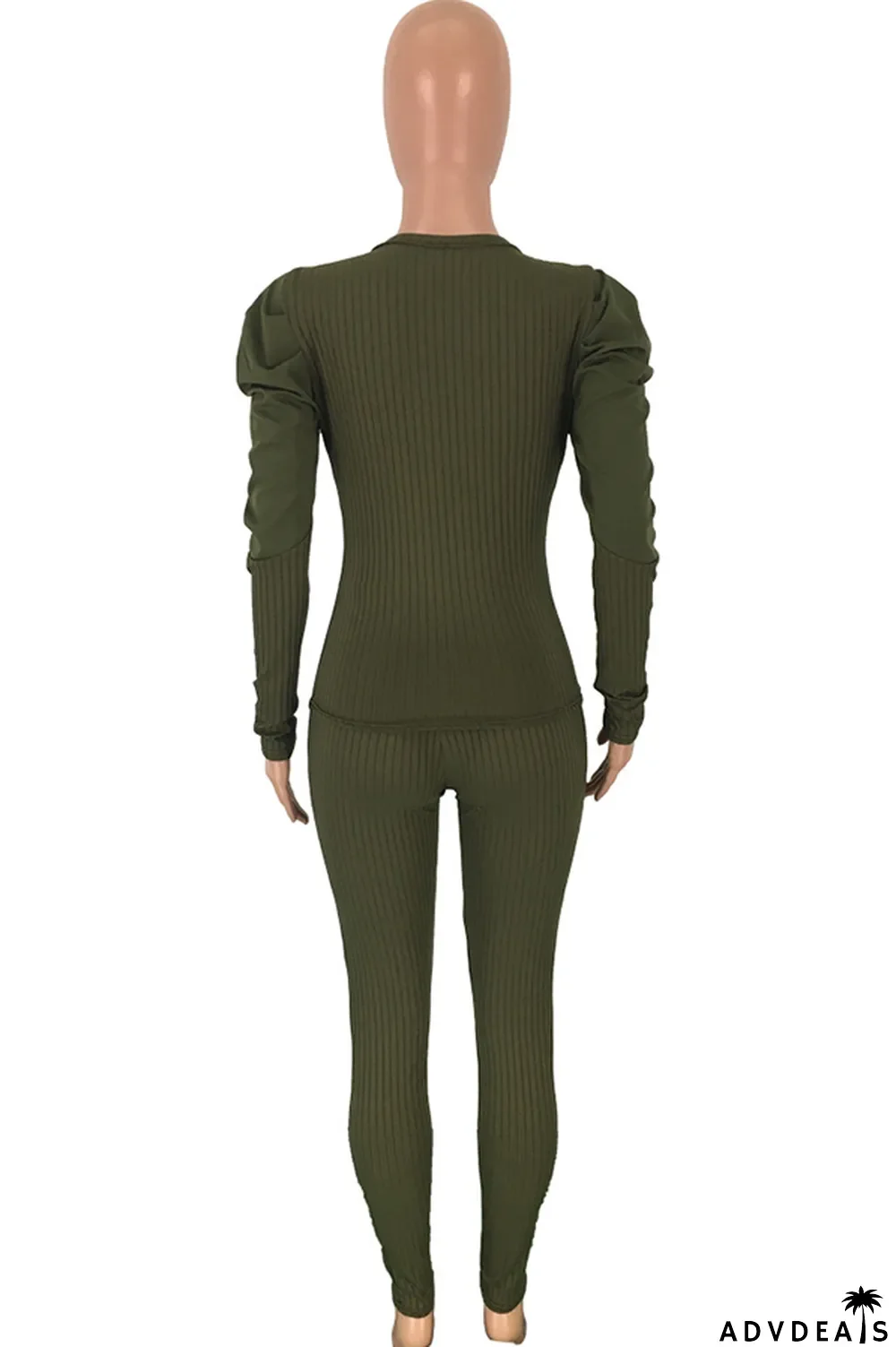 Army Green Polyester Casual Solid Patchwork Two Piece Suits pencil Long Sleeve Two-piece Pants Set