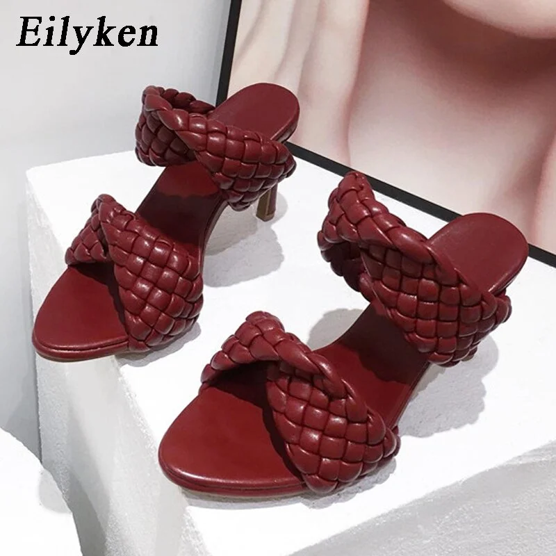 Eilyken Fashion Woman Handmade Weave Knitted Slippers Lady Crossover Open Toe Thin Heels Party Sandals White Black Blue size 42