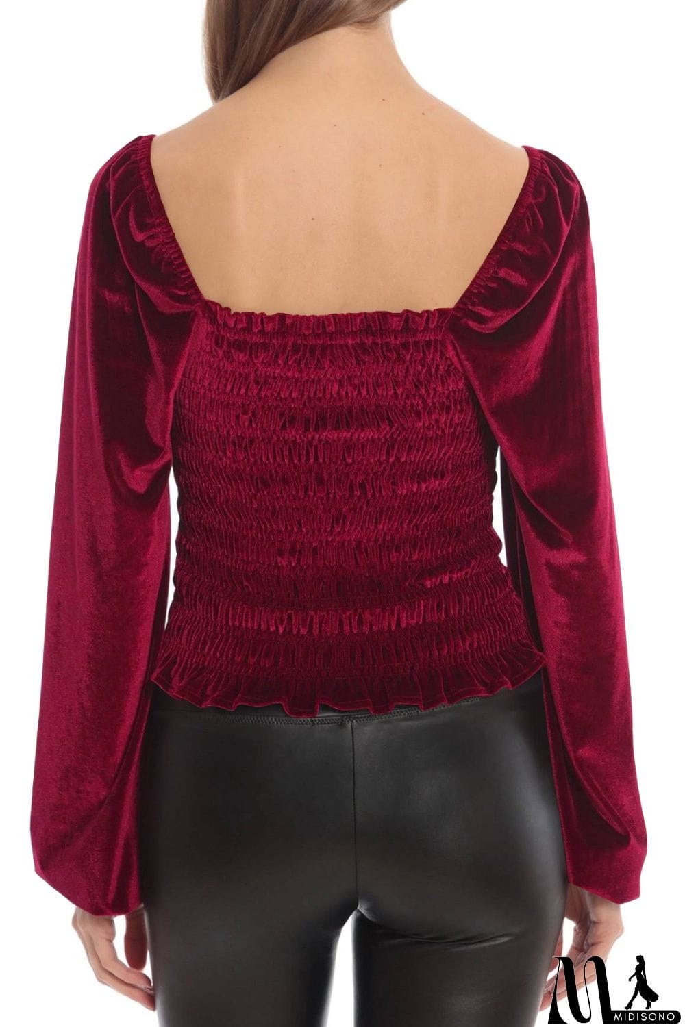 MidiSono - Smocked Square Neck Long Sleeve Blouse