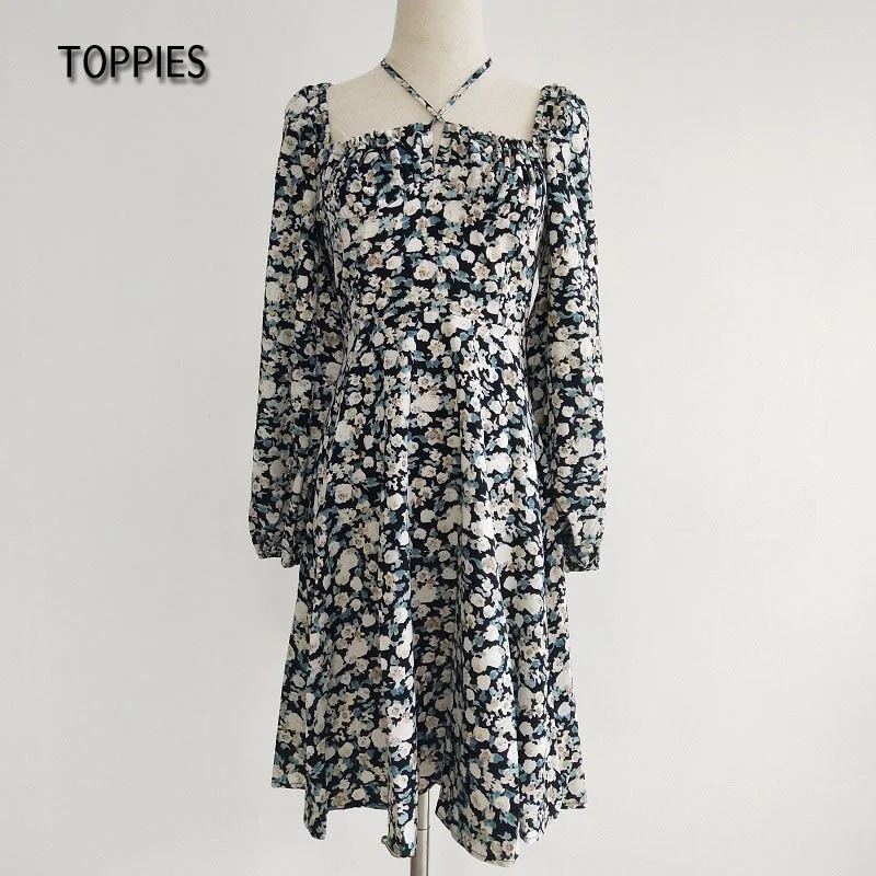 Toppies 2021 New Women Sexy Dresses Long Sleeve Button Flowers Print Casual Ladies Mini Ladies Sundress