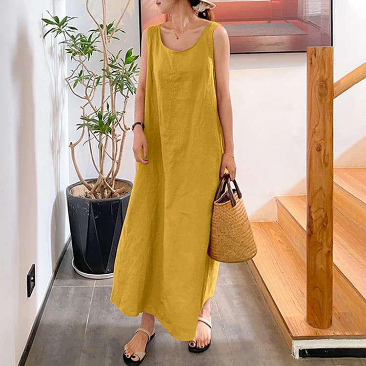 Linen Blend Loose Pocket Crew Neck Sleeveless Maxi Dress