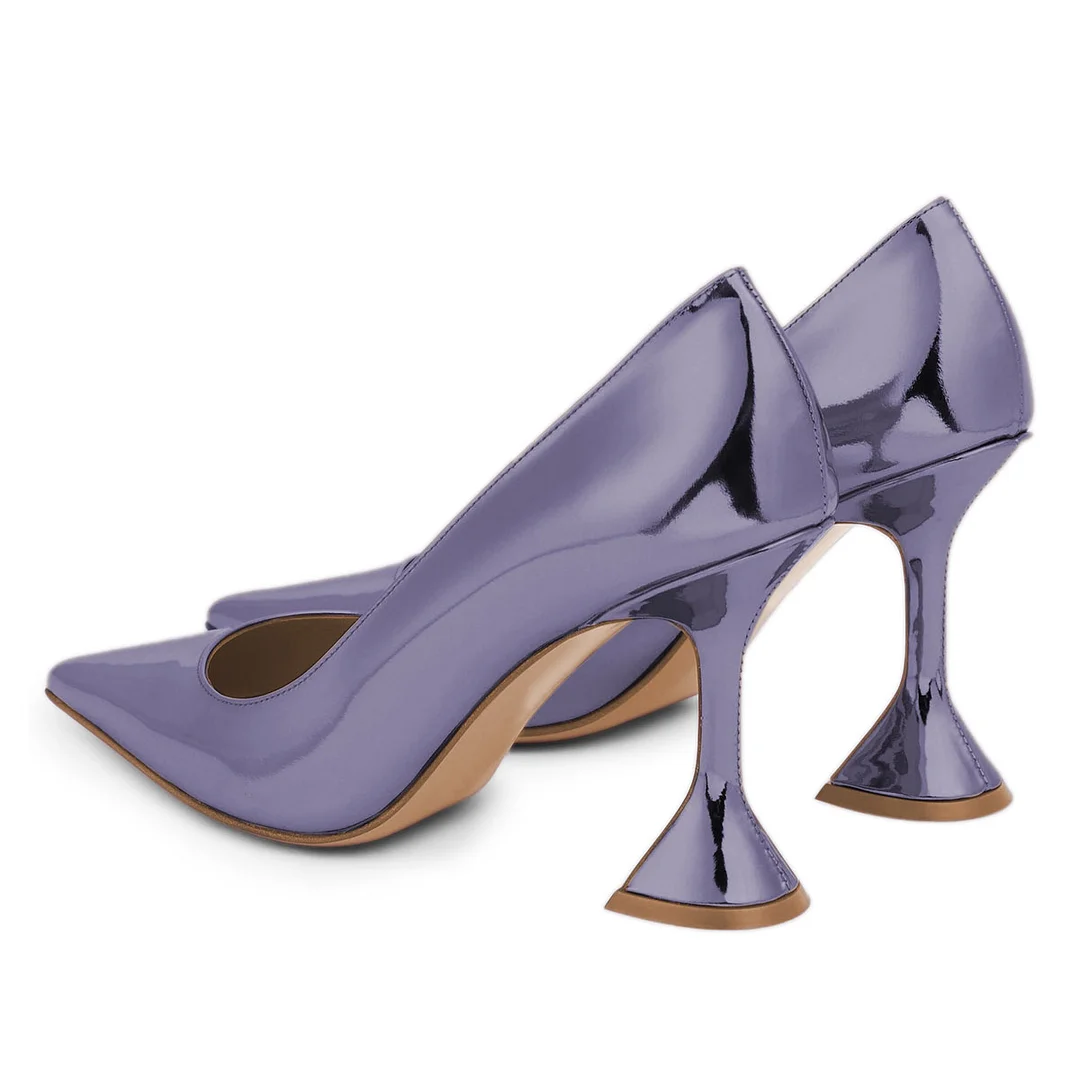 Patent Leather Pointed Toe Flared Heel Pumps Shoes in Purple