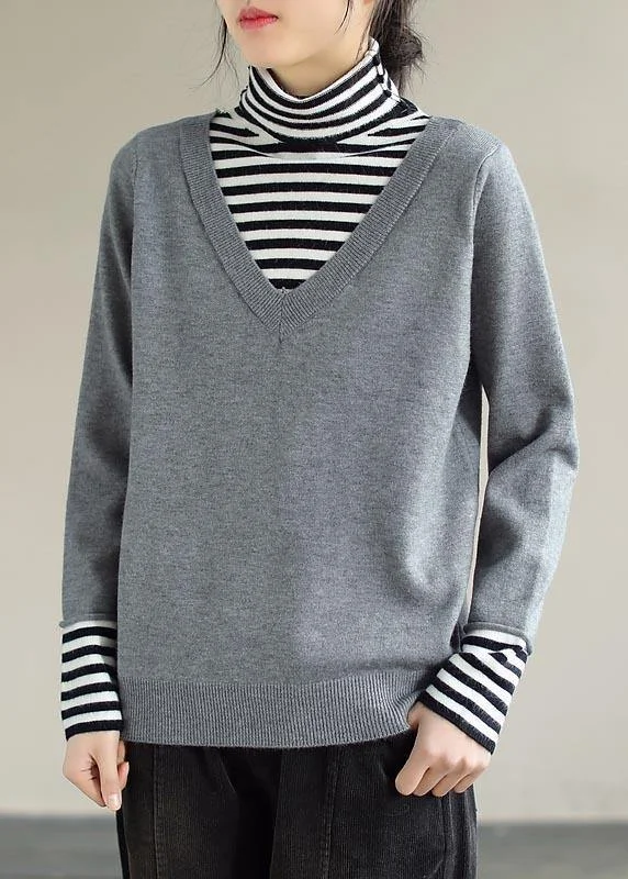 Pullover Light Gray Sweater Tops Patchwork High Neck Plus Size  Knit Sweat Tops