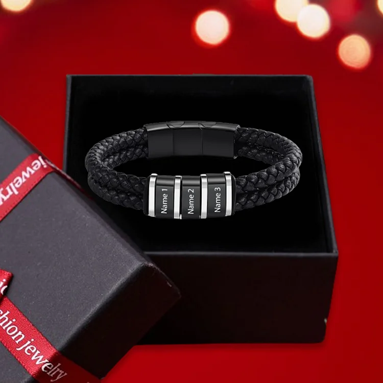 3 Names-Personalized Bead Bracelet Custom Men's Bracelet Engraved Name Personalized Gift Set With Gift Box for Him