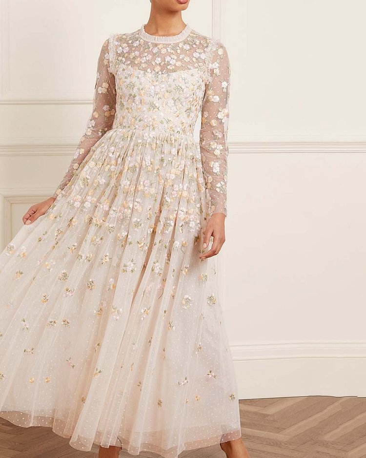 Elegant Floral Embroidery Dress Gown
