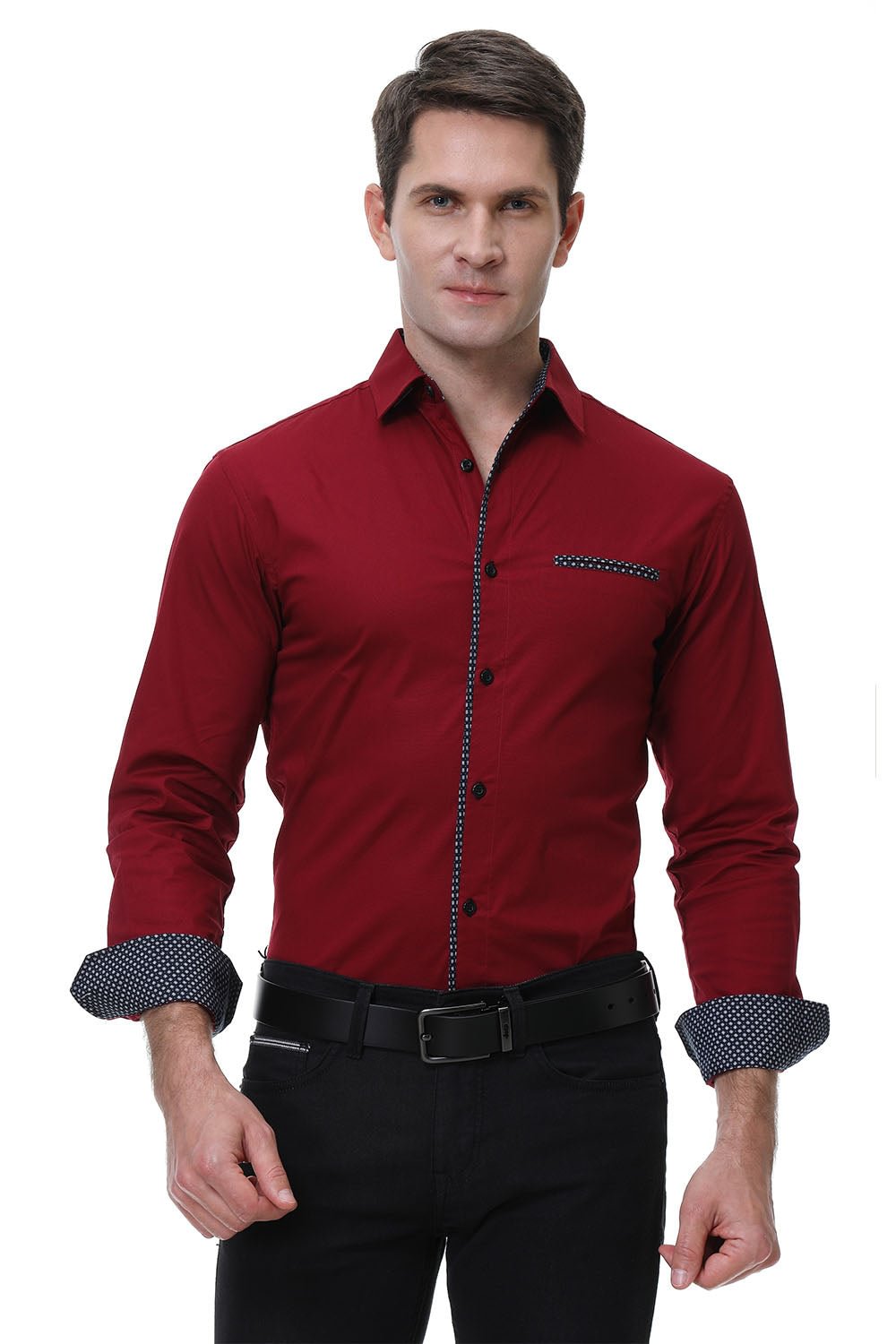 Men's Pocket Long Cotton Stretch Shirt Burgundy Alex Vando Fashion