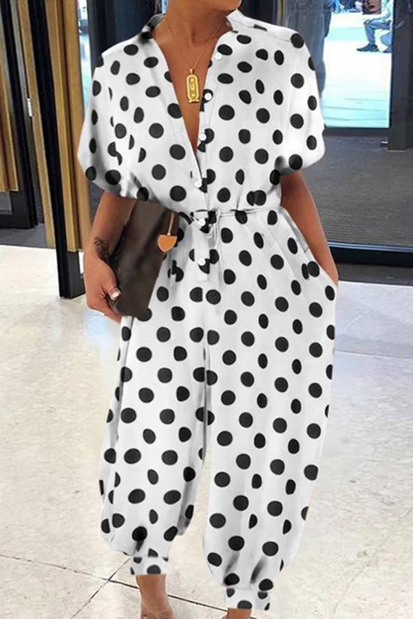 Comfortable Polka Dot Print Short Sleeve Single Breasted Plus Size Jumpsuits