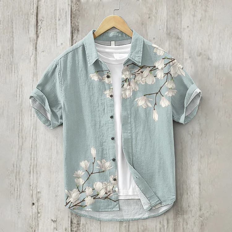 Comstylish Vintage Magnolia Flower Short Sleeve Linen Blend Shirt