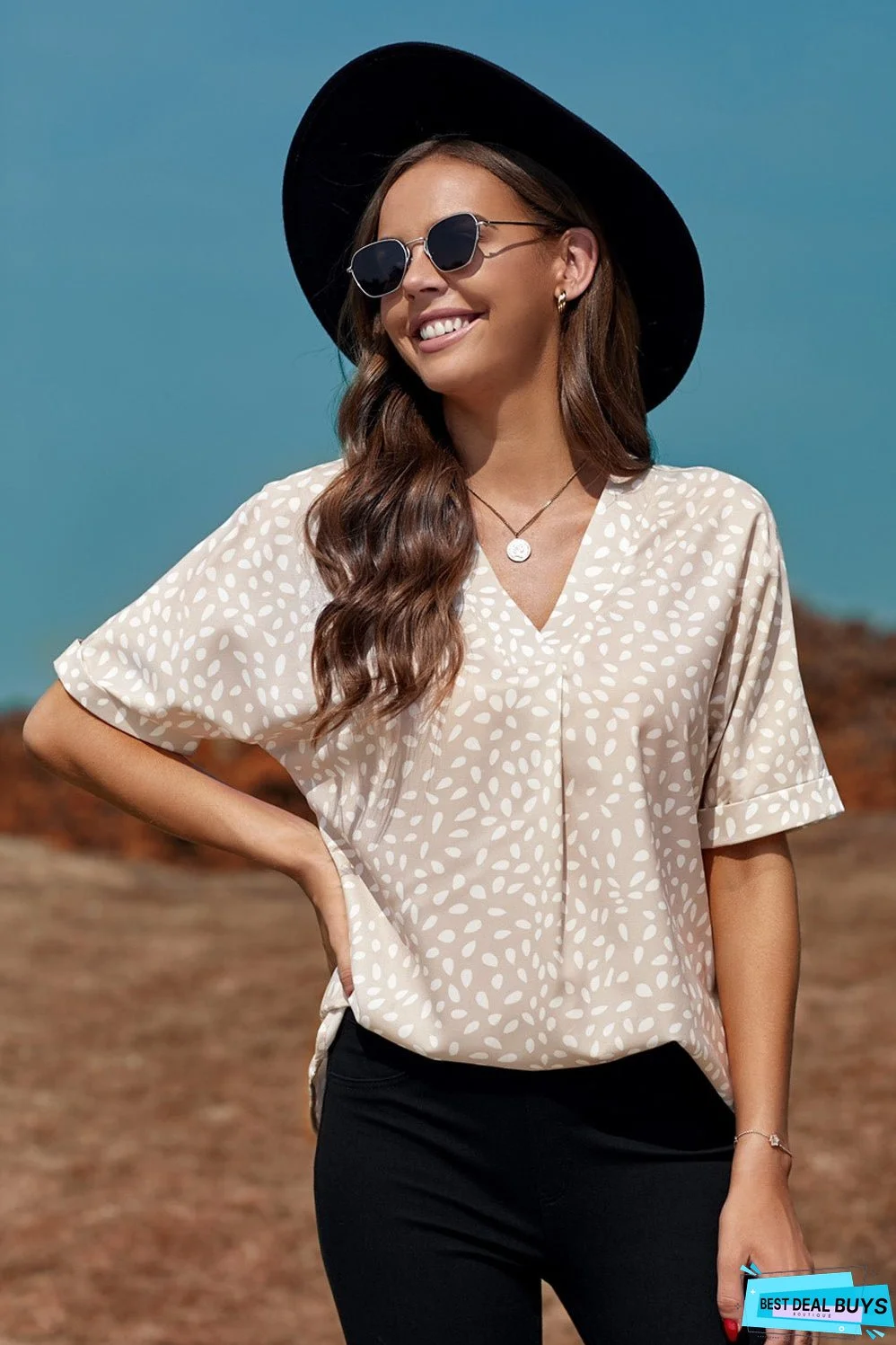 Chic Apricot Chloe Animal Print V-neck Rolled Sleeve Tunic Top