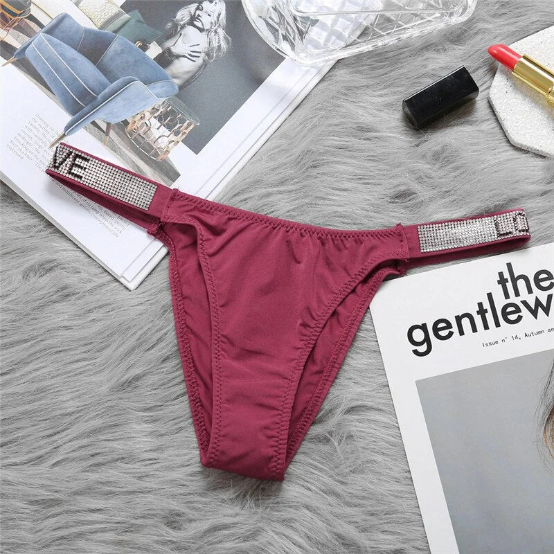 FINETOO Sexy Women Rhinestone Panties G-string Crystal Underwear Lace Pantys Femme Perspective Thong Letter Tanga Girl Lingerie