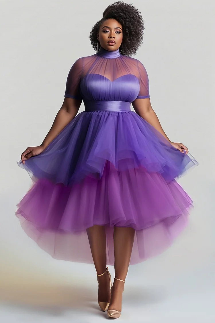 Xpluswear Design Plus Size Prom Purple Colorblock High Collar Short Sleeve See Through Vintage Tiered Tulle Midi Dresses [Pre-Order] 2024 - Xpluswear