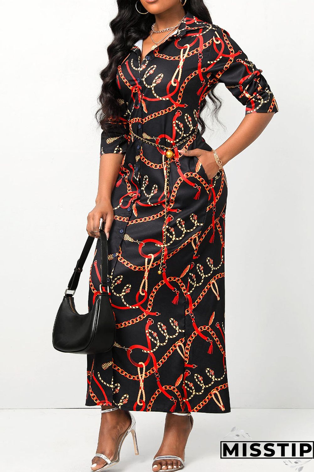 Black Casual Print Patchwork Buckle Without Belt Turndown Collar Straight Dresses