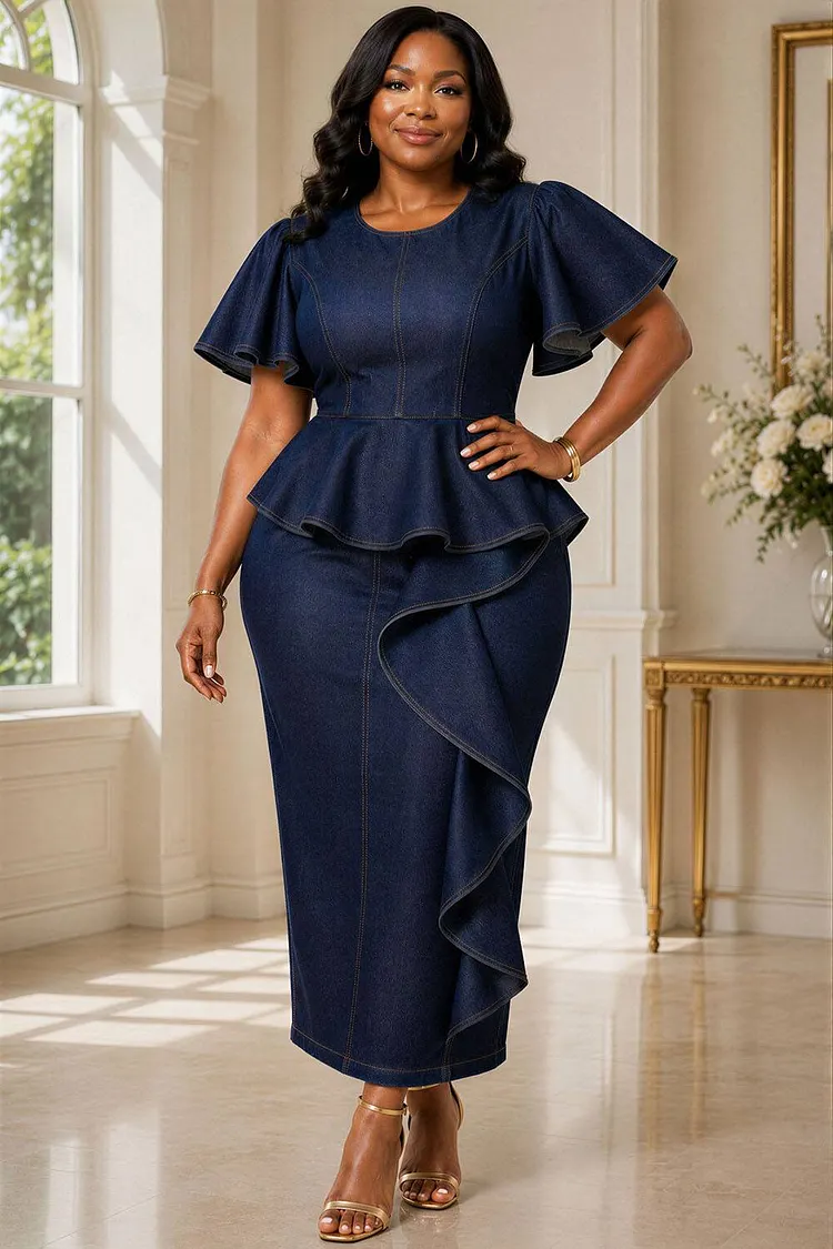 Xpluswear Design Plus Size Business Casual Navy Blue Round Neck Flutter Sleeve Short Sleeve Ruffle Tencel Denim Midi Dresses [Pre-Order] 2024 - Xpluswear
