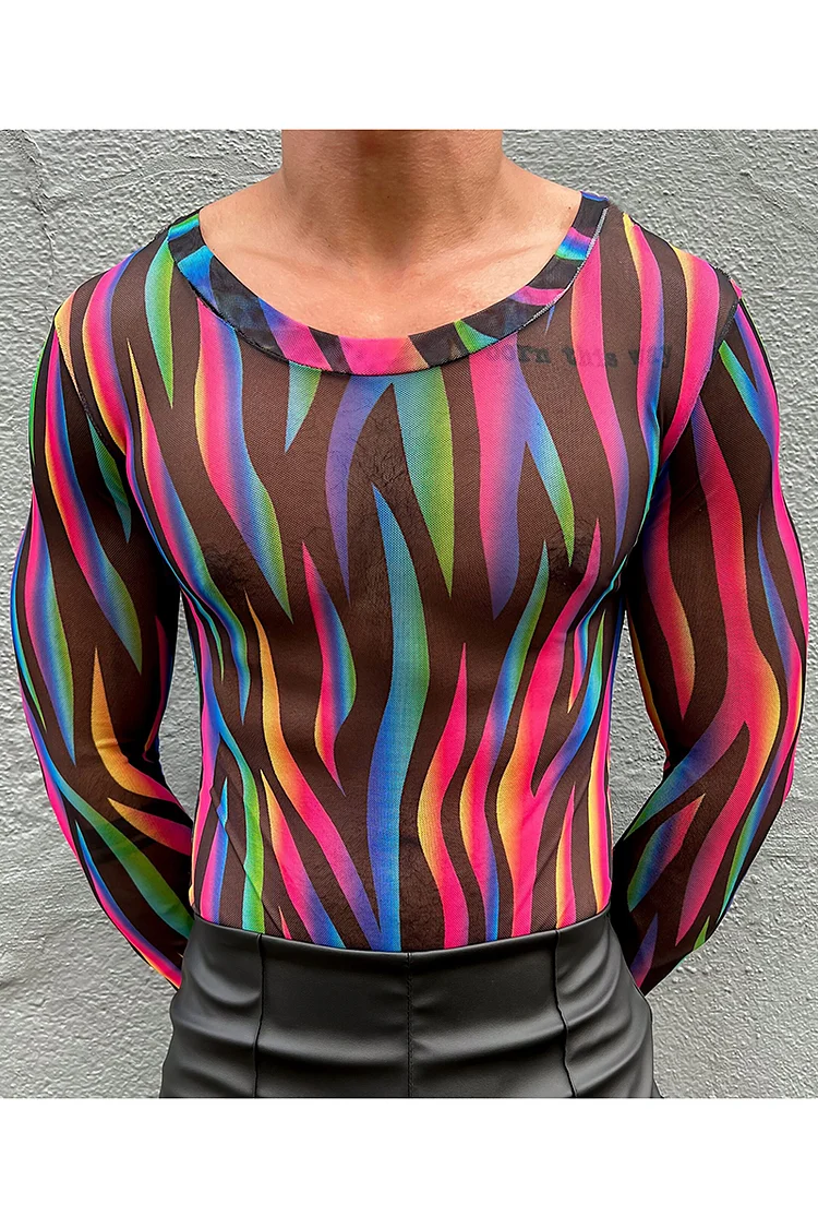 Rainbow Zebra-Striped Mesh See-Through Mock Neck Long Sleeve Slim T-shirt 