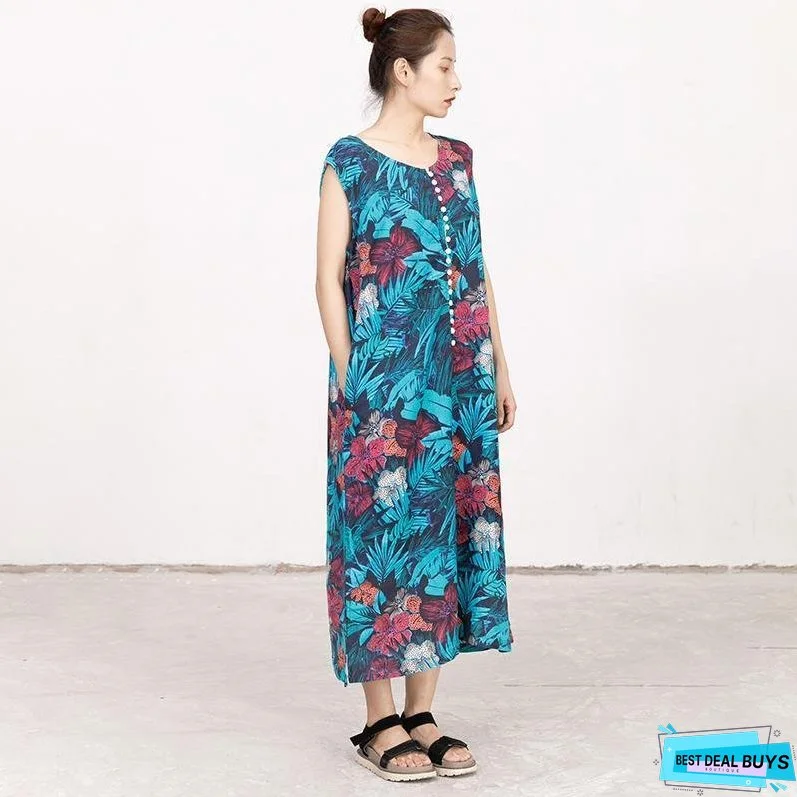 Summer Coloured Printed Round Neck Sleeveless Dress For Women