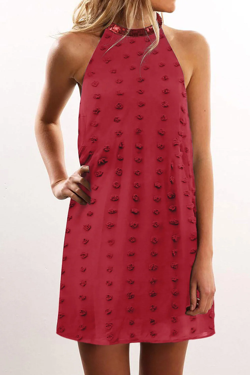 Buzzdaisy Pompom Mock Neck Sleeveless Shift Mini Dress