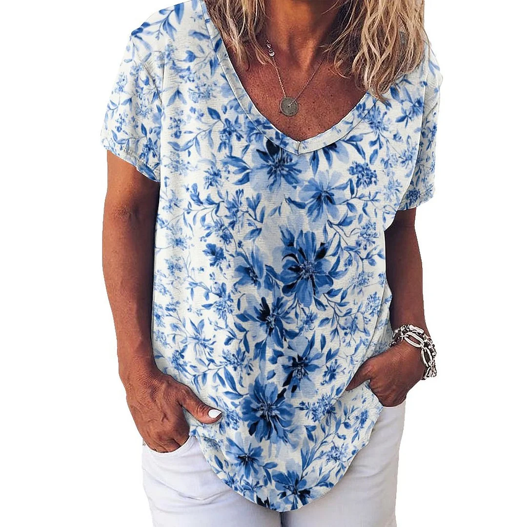 V-neck Short Sleeve Casual T-shirt for  Women Printed with Pattern Floral, Blue