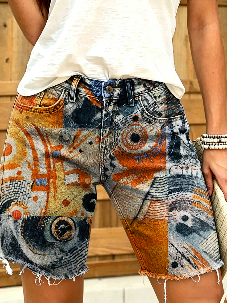 Women's Retro Colorful Art Print Casual Washed Cotton Denim Shorts