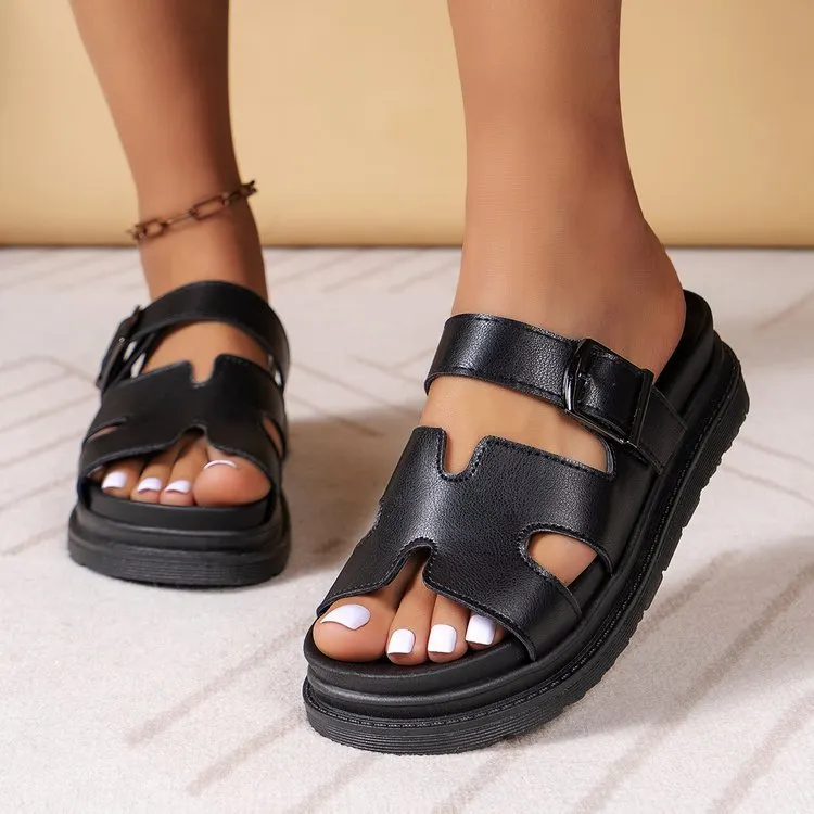 Breakj Breakj New Large-Size Slippers Women Thick-Bottomed A Buckle Solid Color Casual Cold Slippers Women